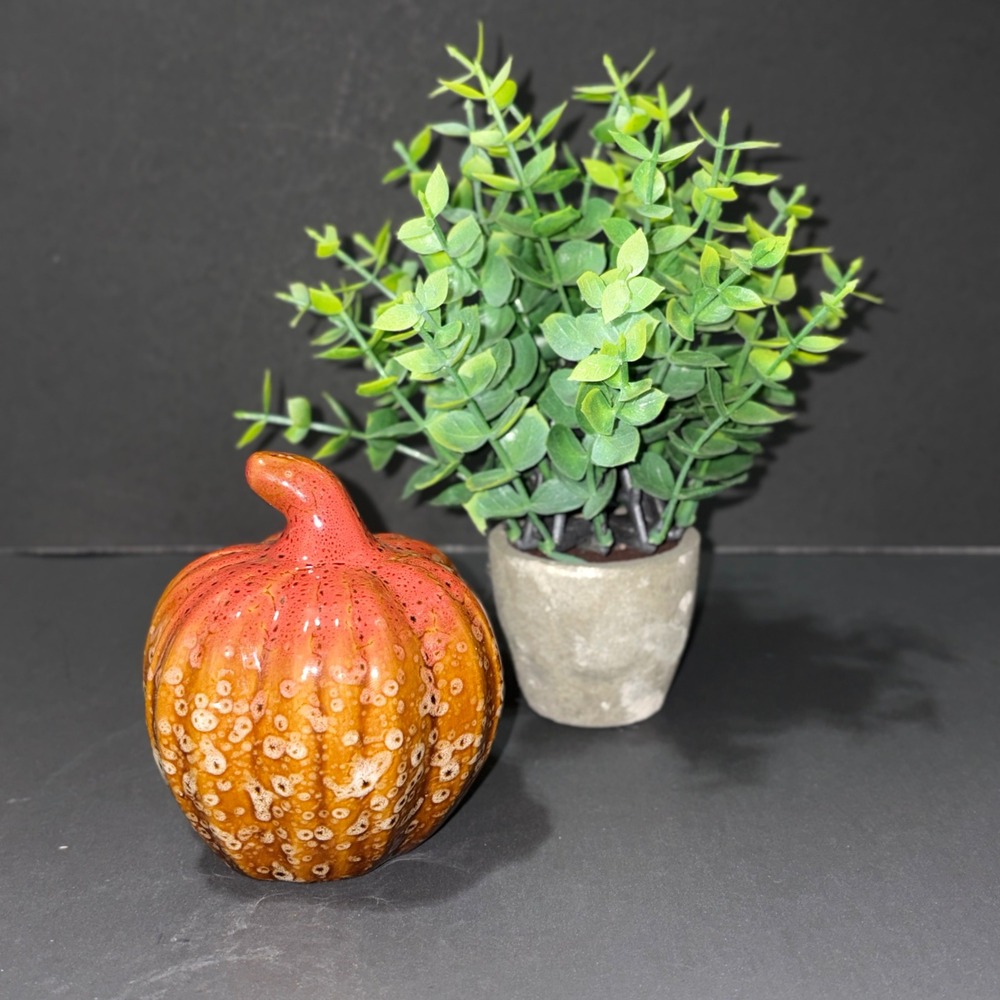 Orange Red Reactive Dapple Glaze Ceramic Pumpkin Figurine Fall Autumn Decor 3.5"